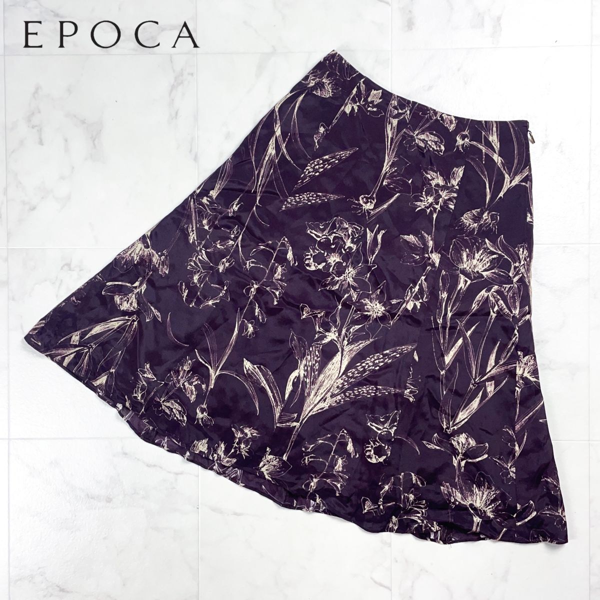 美品 EPOCA エポカ シルク混 フラワープリントAラインスカート ミモレ丈 裏地付き ダークパープル 紫 サイズ38*CD1155拍卖