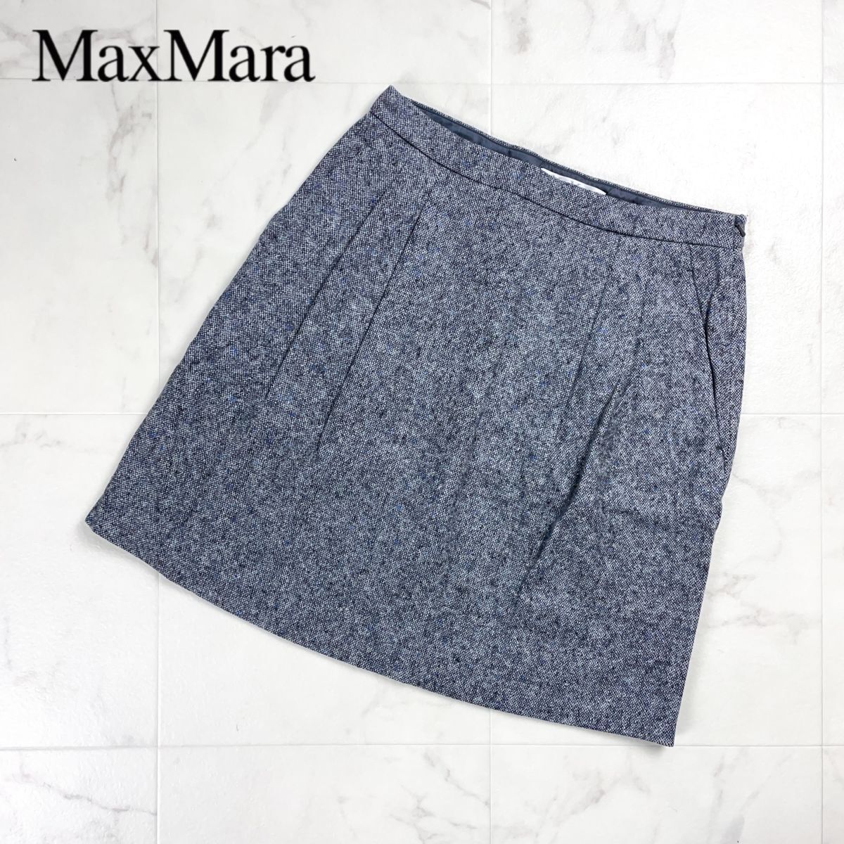 美品 MaxMara マックスマーラ ウール・シルク混 タックスカート 膝丈 台形 裏地あり グレー サイズ36*CD840拍卖