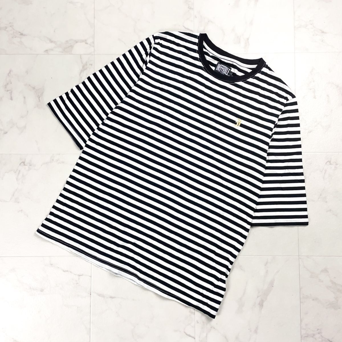 美品 INEFFABLE クルーネックボーダーカットソー Tシャツ 五分袖 トップス メンズ 白 黒 モノトーン サイズL*CD842拍卖