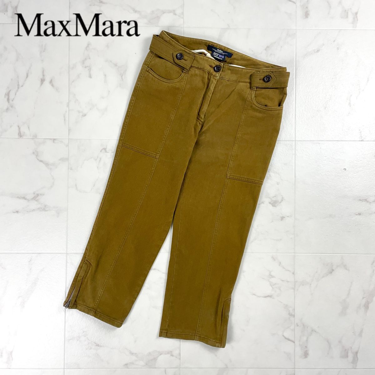美品 MaxMara WEEKENDLINE マックスマーラ ストレッチコーデュロイクロップドパンツ ベルト付 レディース ブラウン 茶色 サイズ34*CD262拍卖