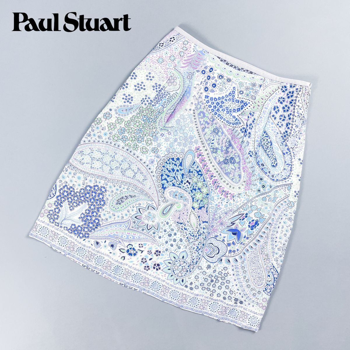 美品 Paul Stuart ポールスチュアート ペイズリー柄台形スカート コットンシルク 総柄 フレア 膝丈 青 ブルー 水色 サイズM*CD270拍卖