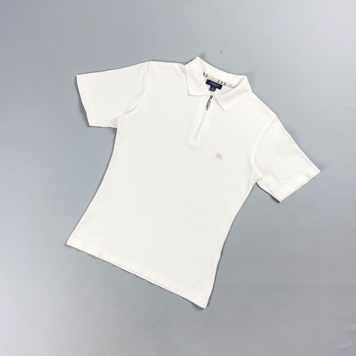 美品 BURBERRY バーバリー ロゴ刺繍ハーフジップポロシャツ 半袖 トップス レディース ホワイト 白 サイズM*CD803拍卖
