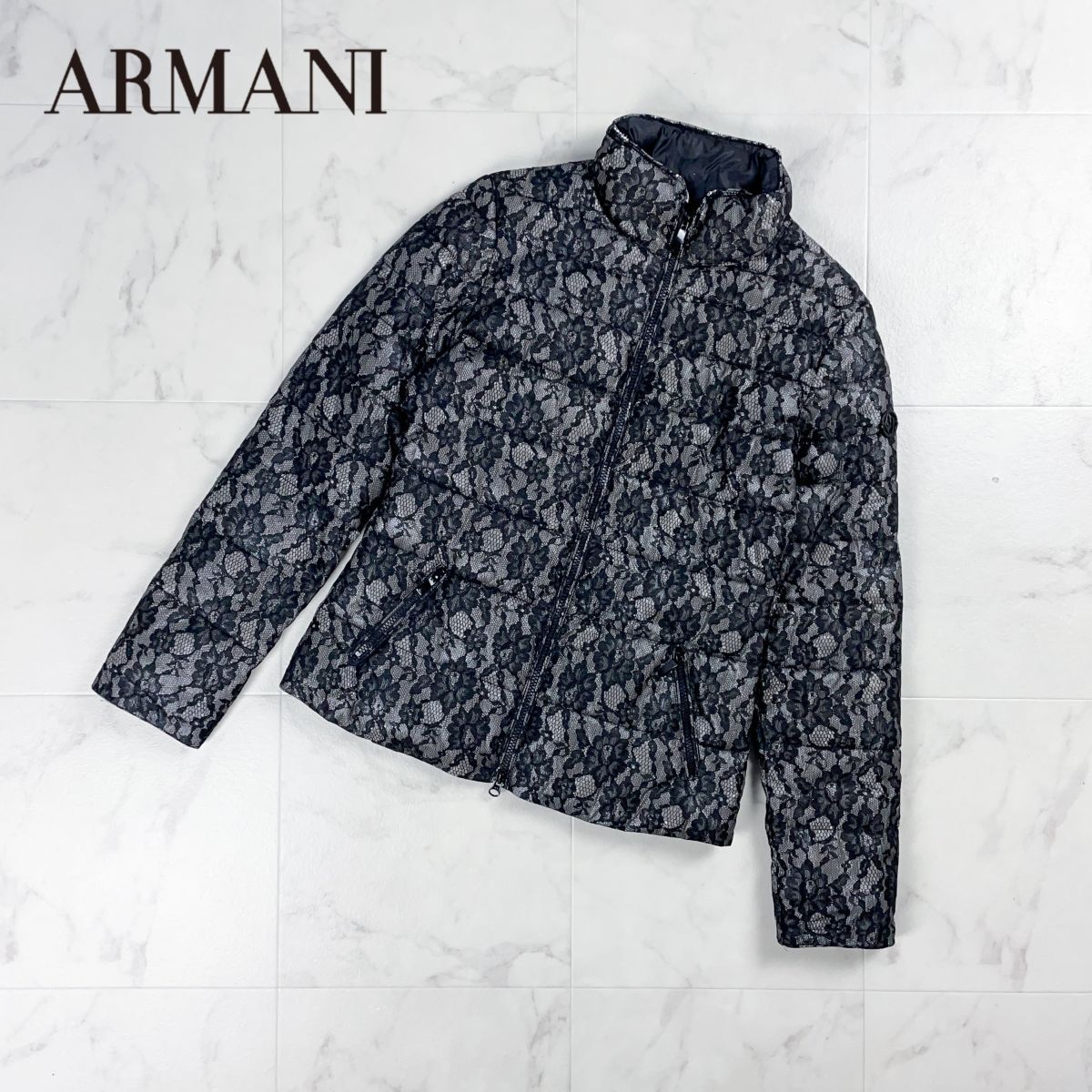 ARMANI JEANS アルマーニジーンズ 総レース張りダウンジャケット 光沢感 ハイネック フルジップ レディース 黒 ブラック サイズ42*CD10拍卖