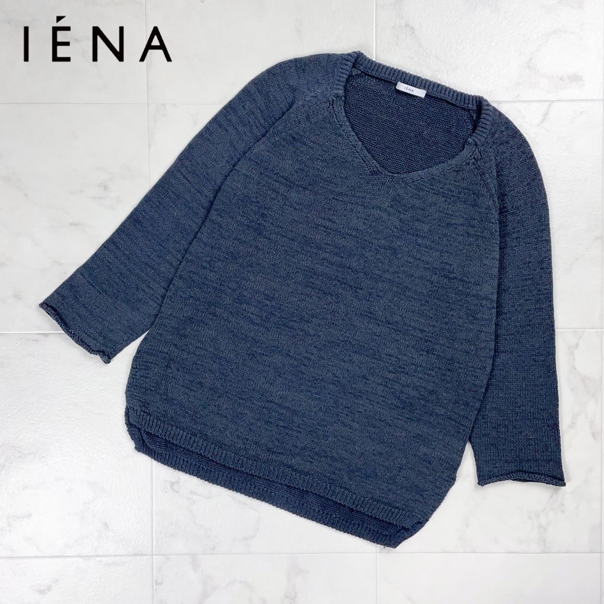 IENA イエナ コットンリネン七分袖セーター サマーニット Vネック レディース ネイビー 紺 サイズ0*CD398拍卖