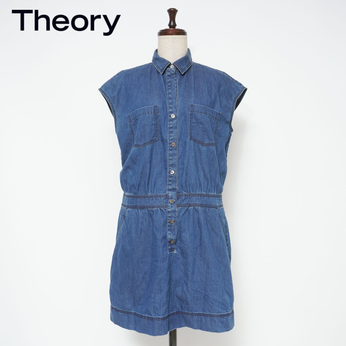 美品 theory セオリー デニムダンガリーシャツノースリーブミニワンピース チュニック レディース ブルー 青 サイズ2*CD1198拍卖