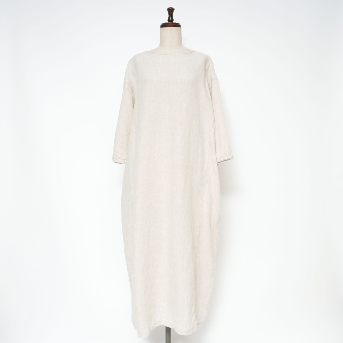 美品 08Mab ゼロハチマブ リネン100% ドルマンスリーブリラックスワンピース ロング丈 レディース 杢ベージュ サイズF*CD1188拍卖