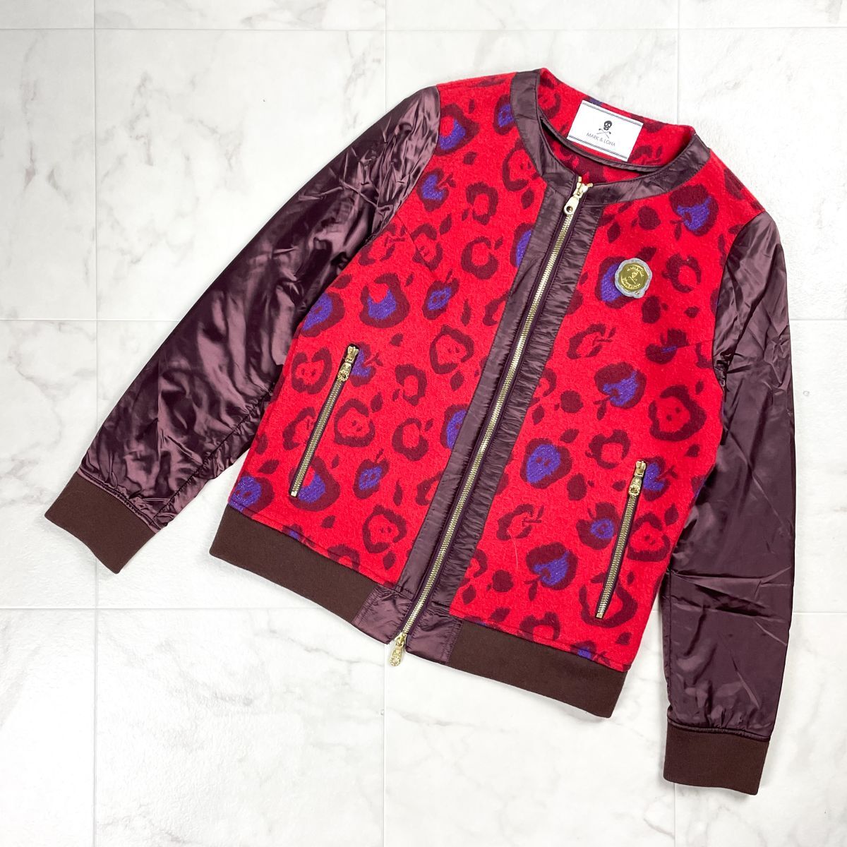 美品 MARK&LONA マークアンドロナ リンゴ柄中綿ブルゾン アーム切替 ナイロンジャケット ウール 総柄 メンズ 赤 レッド サイズL*CD39拍卖