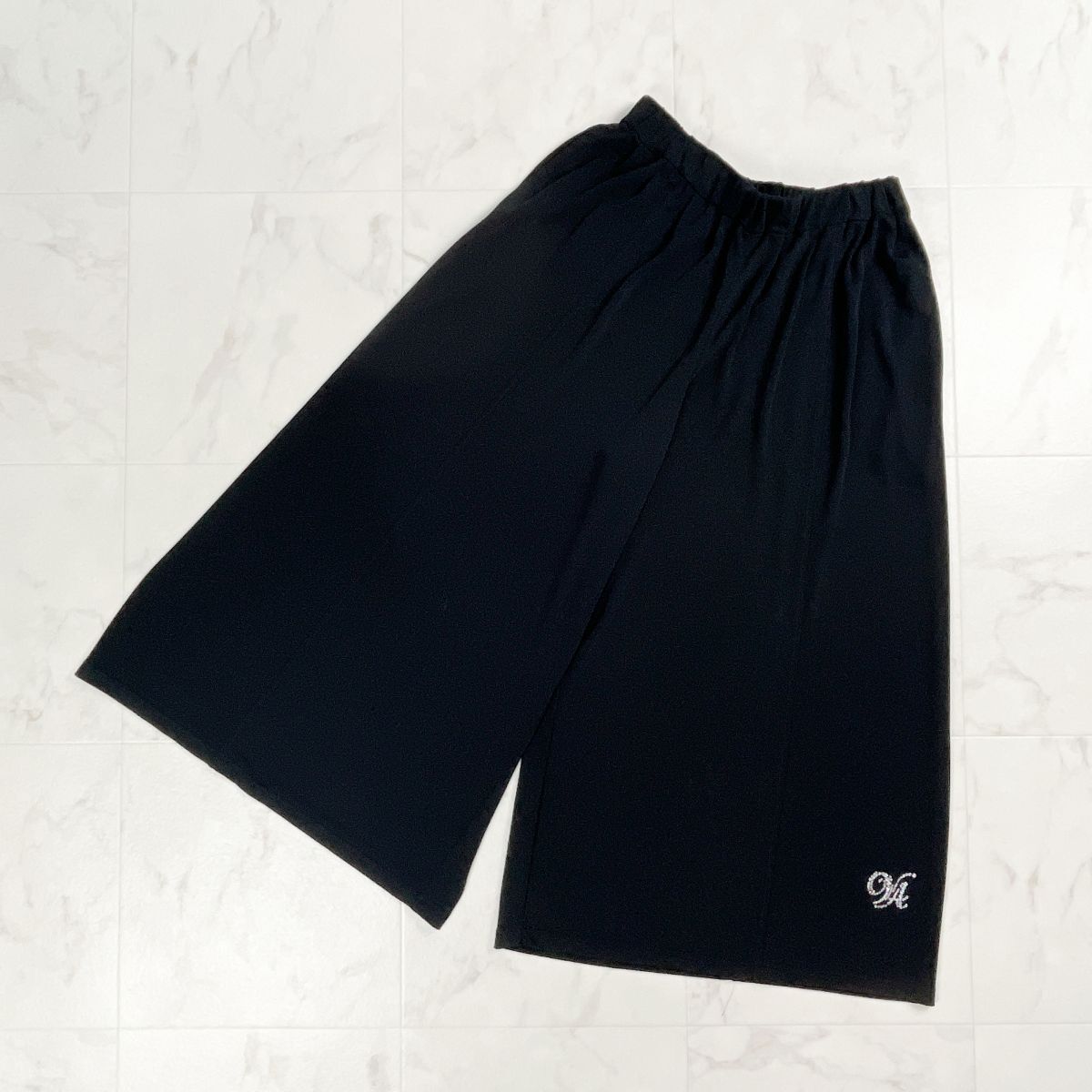 VALENZA バレンザ ラインストーン付 レーヨンポリガウチョパンツ イージーパンツ ワイド 薄手 レディース 黒 ブラック サイズ38*CD172拍卖