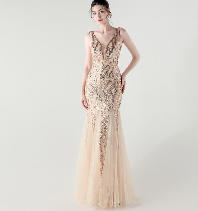 EY0501 レディースワンピース ☆ 上質 大人sexy ☆パーティ 結婚式 ドレス 美胸 袖なし ゴールド拍卖