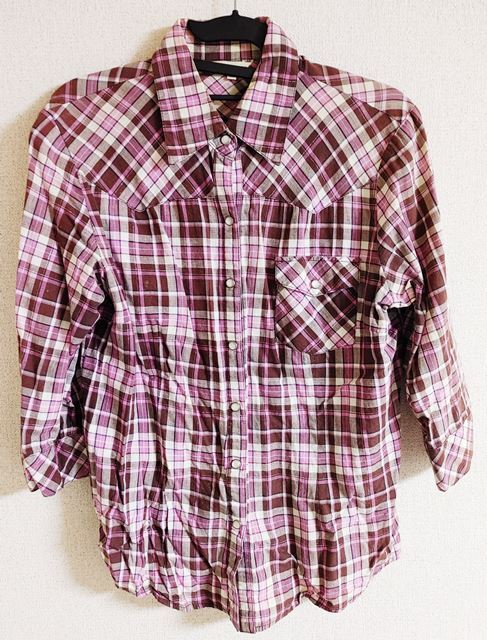 LLサイズ Plymtone 七分袖 ブラウス 紫 チェック スナップボタン ロール袖 胸ポケット 難あり拍卖