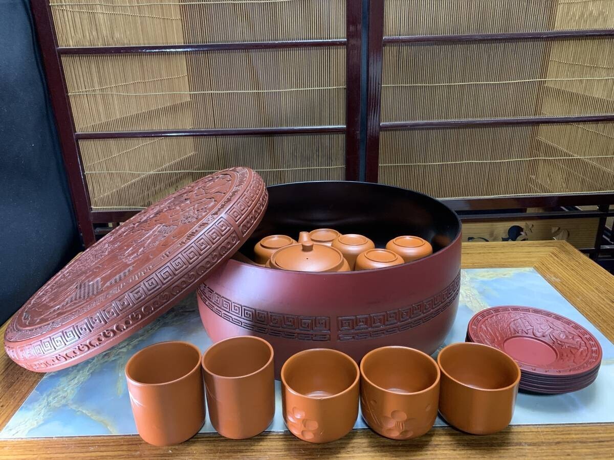 村上堆朱 茶櫃 茶器 セット 陶器 急須 湯呑14個 茶托5ケ#yfro拍卖