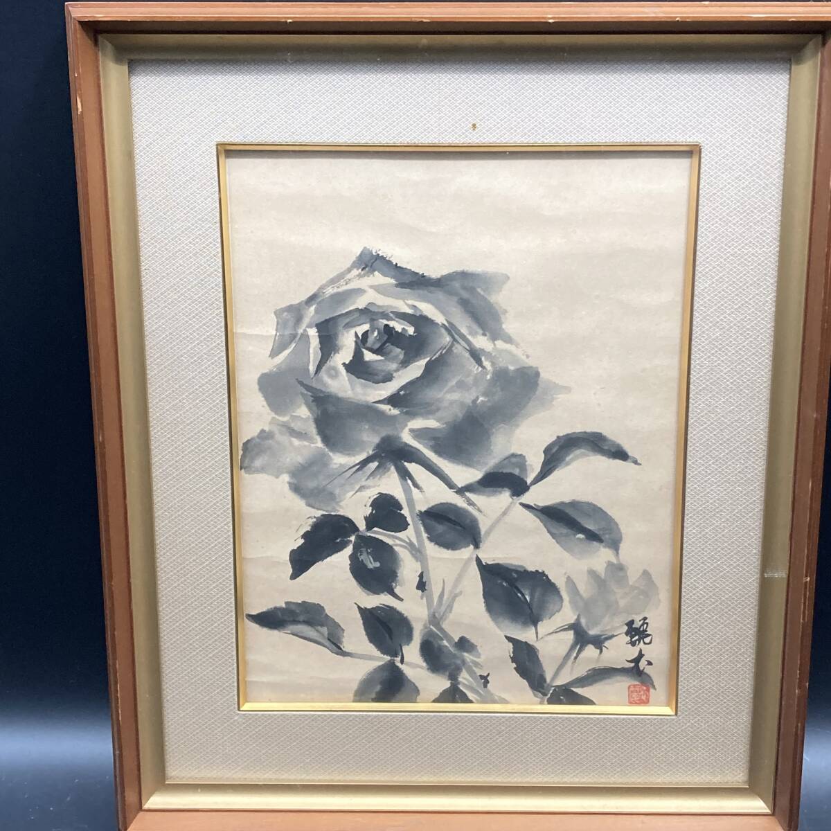 【模写】 水墨画 薔薇の絵 額 (約)縦60㎝×横50㎝×厚み5.5cm 拍卖