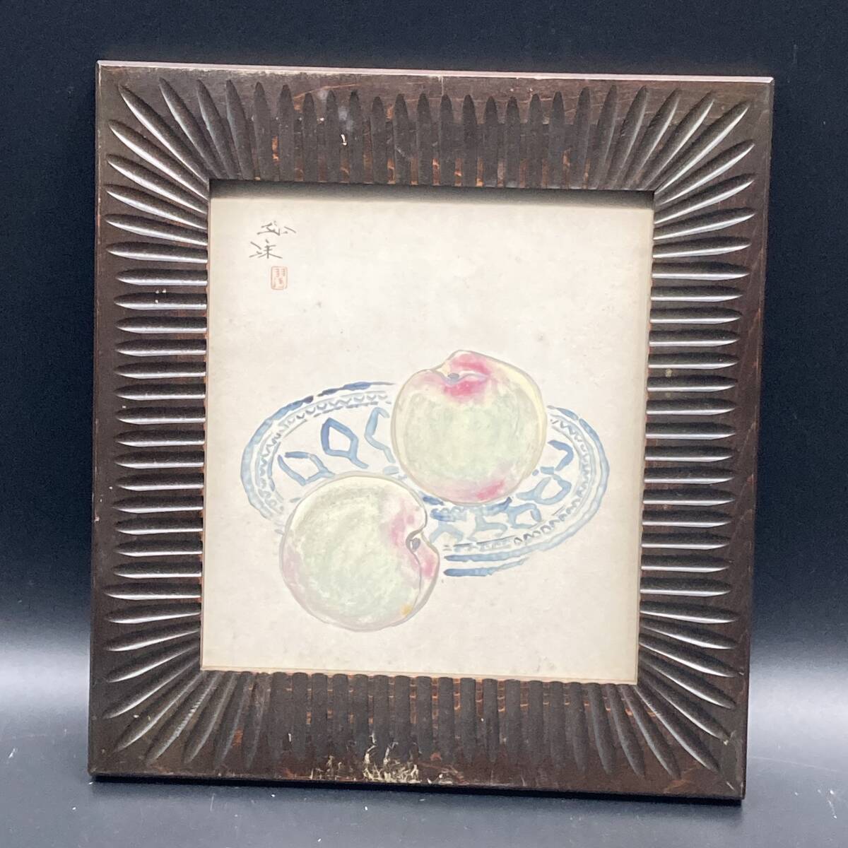 【模写】 水彩画 桃の絵 額 (約)縦38㎝×横35.2㎝×厚み2.5cm 拍卖