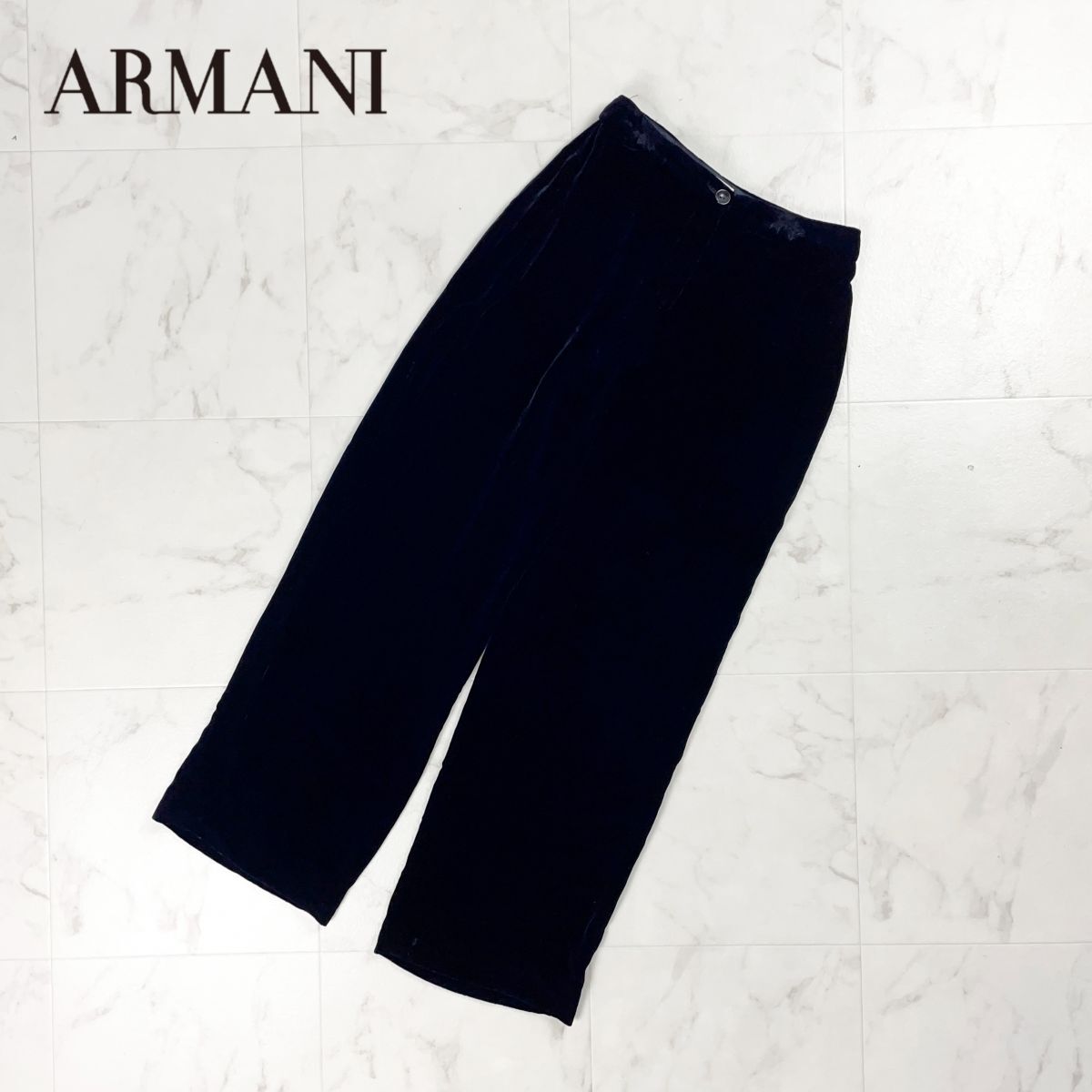 美品 ARMANI COLLEZIONI アルマーニ コレツィオーニ シルク混 ベロアワイドパンツ ボトムス レディース ブラック 黒 サイズ36*BD1164拍卖