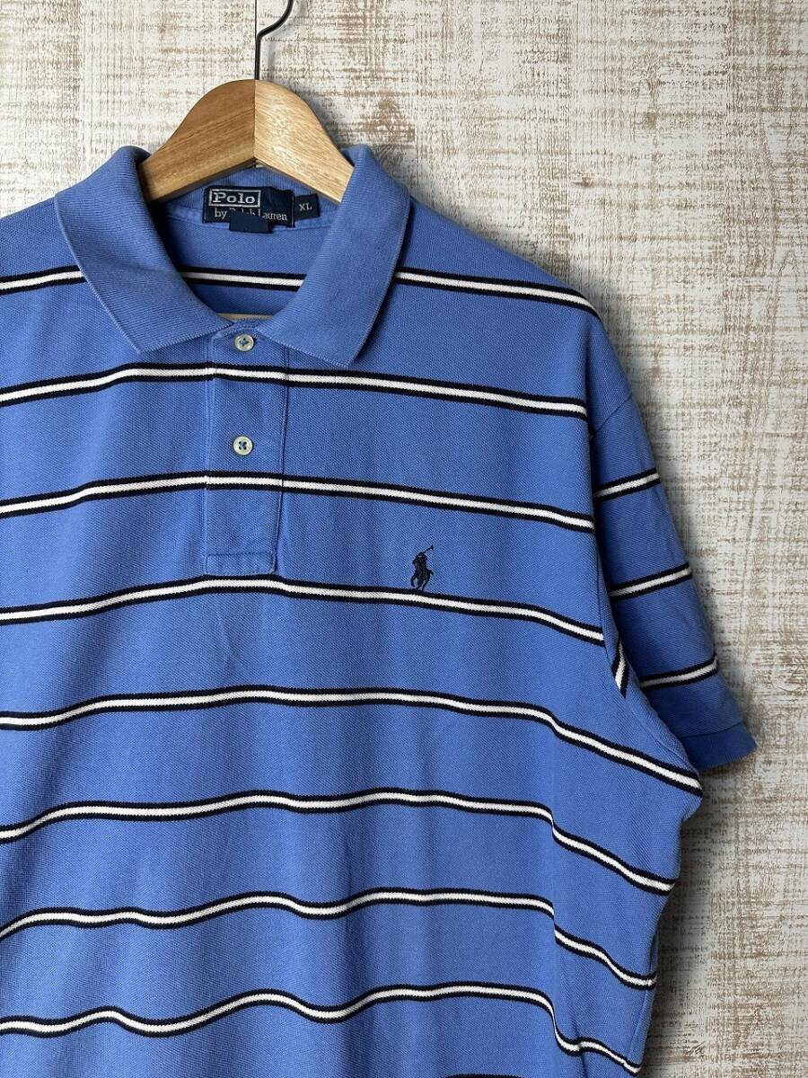 ☆ビッグサイズ US古着 POLO Ralph Lauren ラルフローレン ポロシャツ ポニーロゴ刺繍 ボーダー柄 ブルー水色【XL】鹿の子 ◆4929◆拍卖