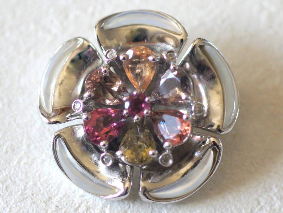 シルバー925製 マルチカラー石付き お花の2WAYブローチ ペンダントトップ アンティーク調拍卖
