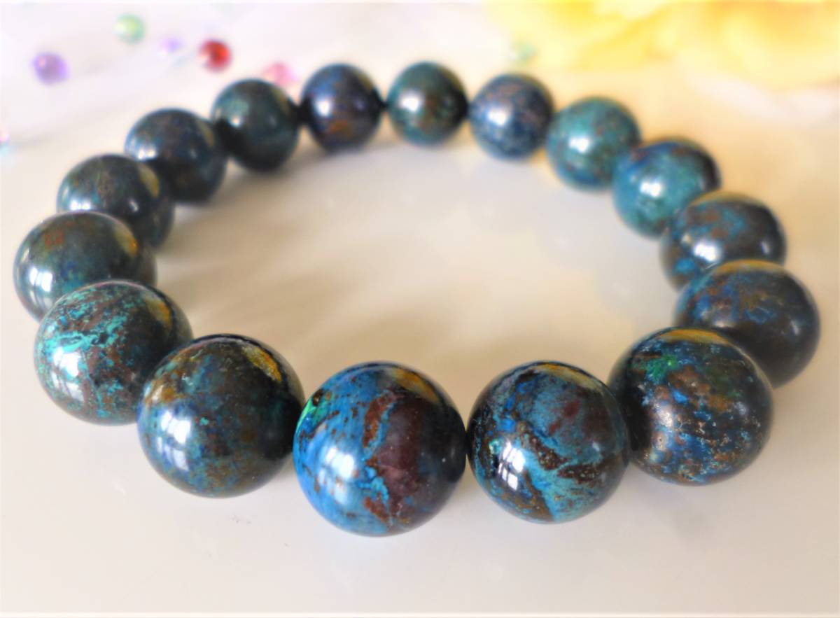 ☆幸運☆繁栄☆不思議な魅力☆ヒーリングストーン☆高品質AAA☆コンゴ産☆シャッタカイト☆ブルークリソコラ☆大珠12mm☆16cm☆拍卖