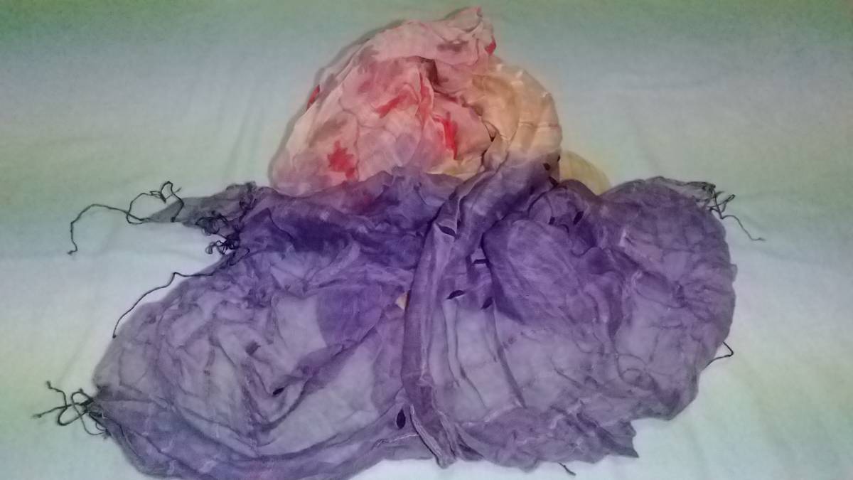 37【中古激安】*花柄縦長スカーフ グラデーションが綺麗! 透け感が涼しげ! 絹混 ピンクXパープル系 送料無料拍卖