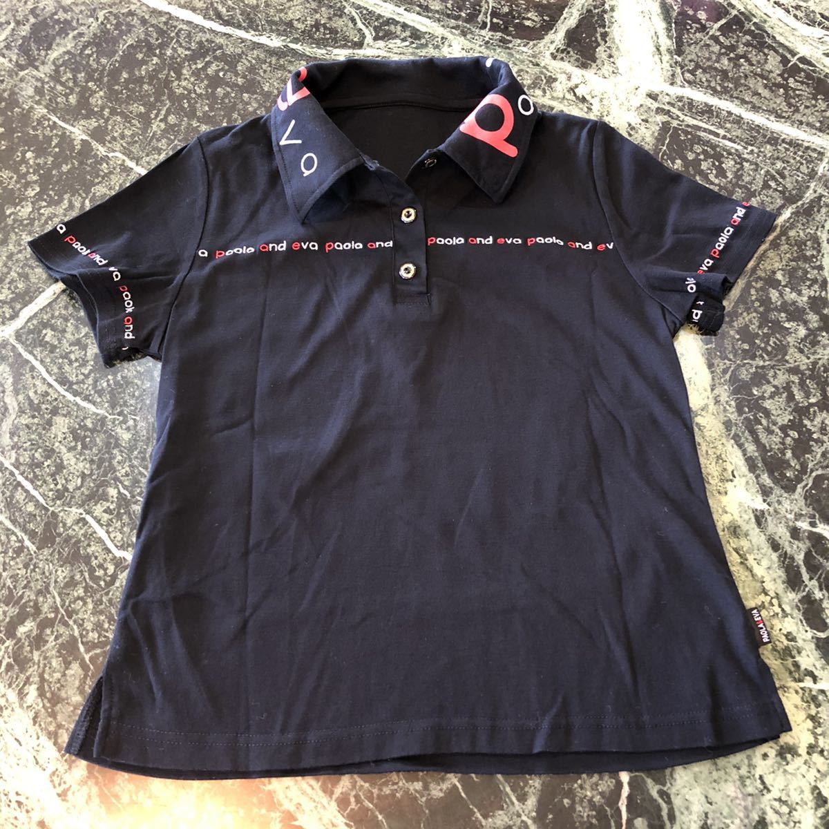 【美品】paola&eva★デザインポロシャツ 半袖トップス ゴルフ スポーツ 襟付きトップス 黒 Mサイズ レディース 綿100%拍卖