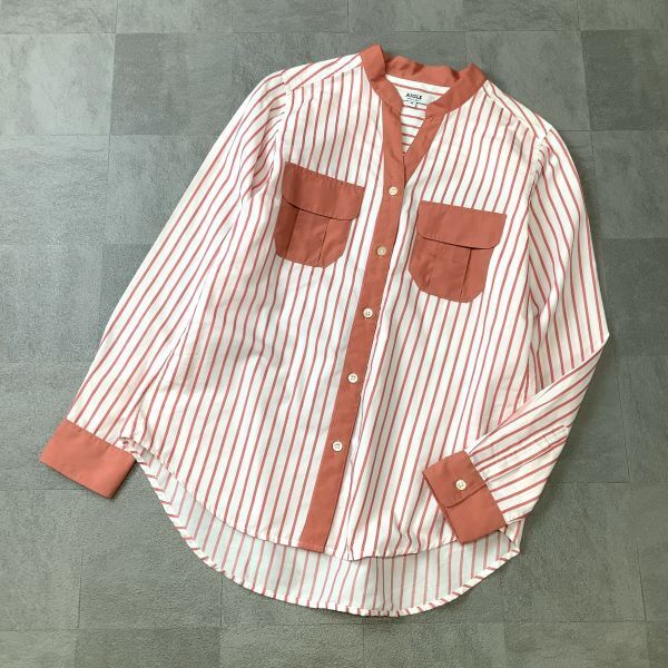 美品 AIGLE エーグル バンドカラー ストライプ 長袖シャツ レディース 36 Sサイズ ピンク系 ホワイト拍卖