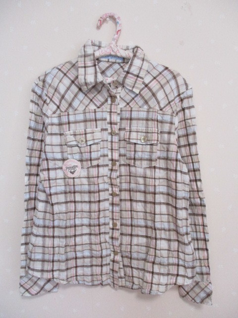 ● ポンポネット ● 可愛いチェック柄長袖シャツ ☆L☆ ベージュ 0504拍卖