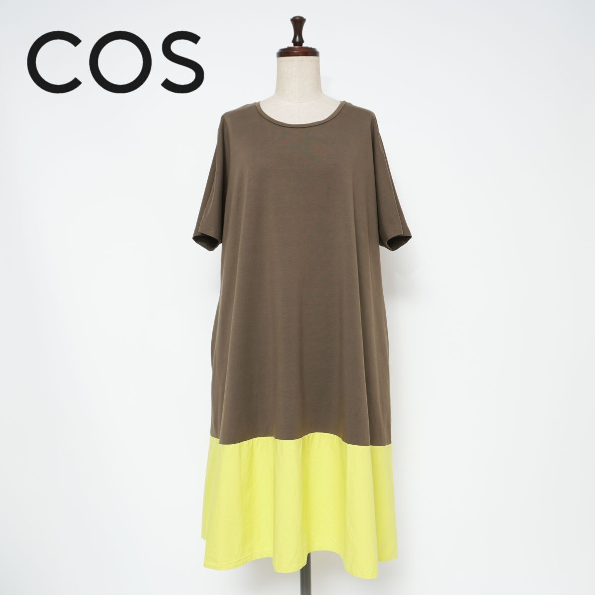 COS コス 切り替えAラインカットワンピース クルーネック 半袖 レディース カーキ イエロー 黄色 サイズL*ZC887拍卖