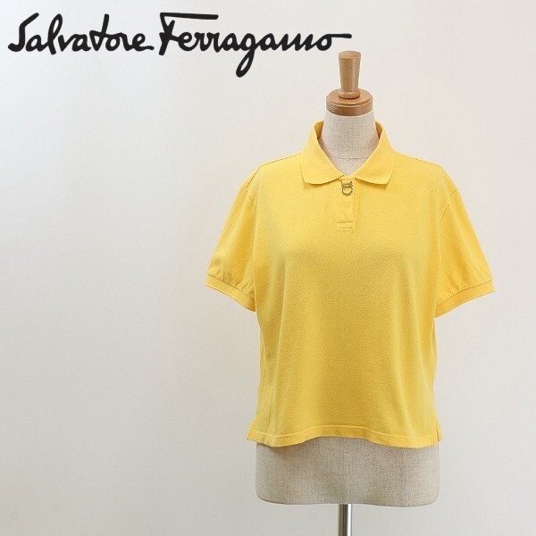 ヴィンテージ◆Salvatore Ferragamo サルヴァトーレ フェラガモ ガンチーニボタン コットン 鹿の子 ショート丈 ポロシャツ 黄色 イエロー M拍卖