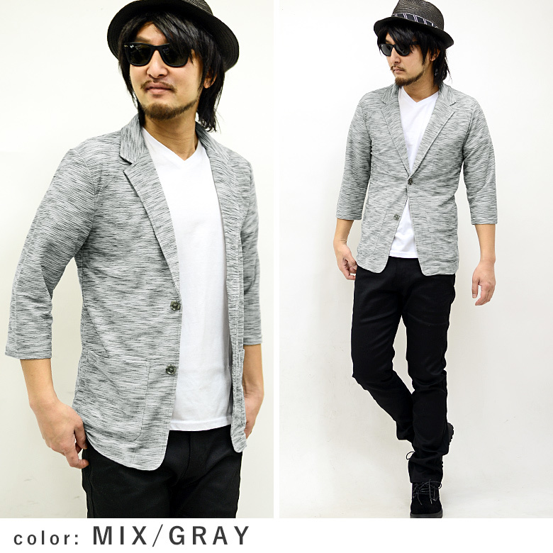 7分袖スラブ素材テーラードジャケット05452新品MIXグレーL拍卖