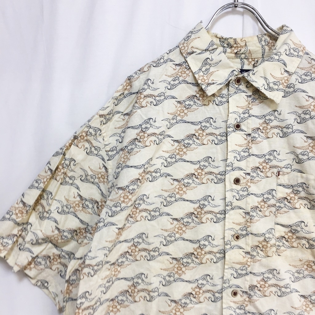 和柄デザインシャツ★北斎 半袖シャツ 総柄 和柄 コットン100% アイボリーベース サイズ3L メンズ拍卖