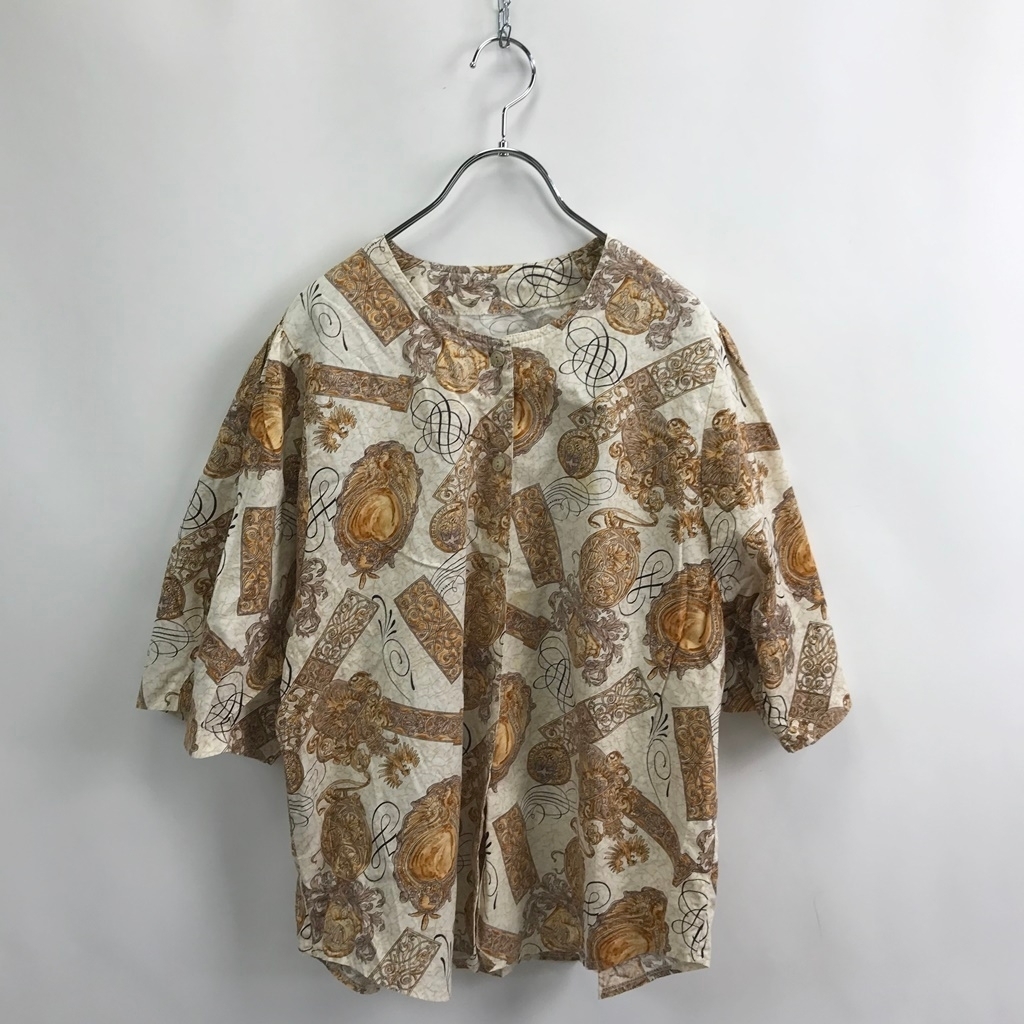 デザインシャツ★ 半袖シャツ ブラウス 総柄 ブラウン系 コットン100% サイズF レディース拍卖