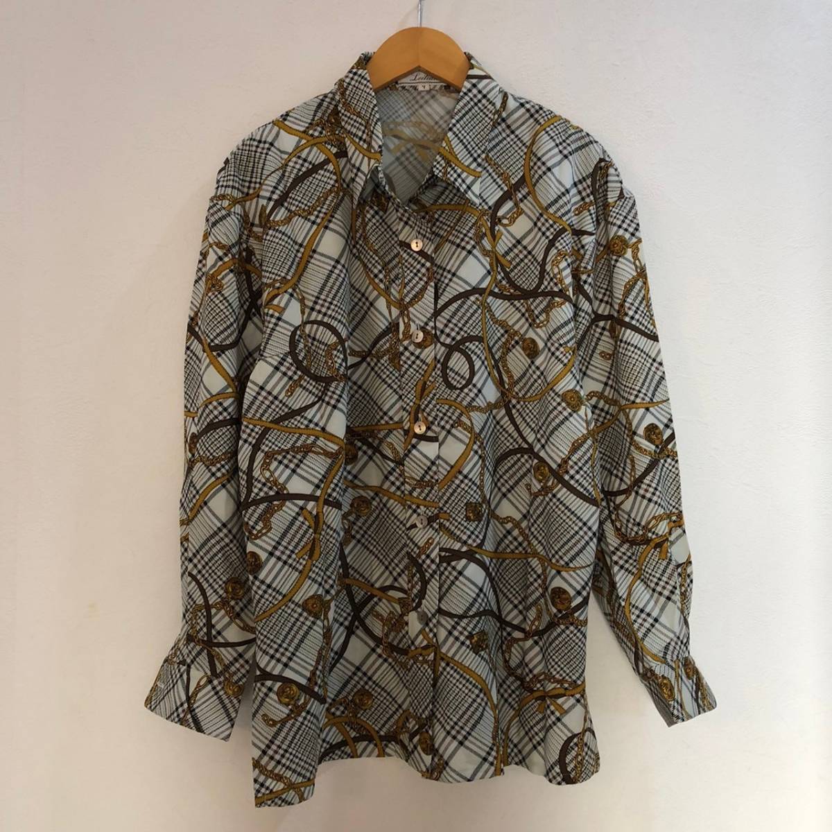 Leilian/レリアン 長袖 チェーン柄ポリシャツ ブラウン ホワイト レディース 7拍卖