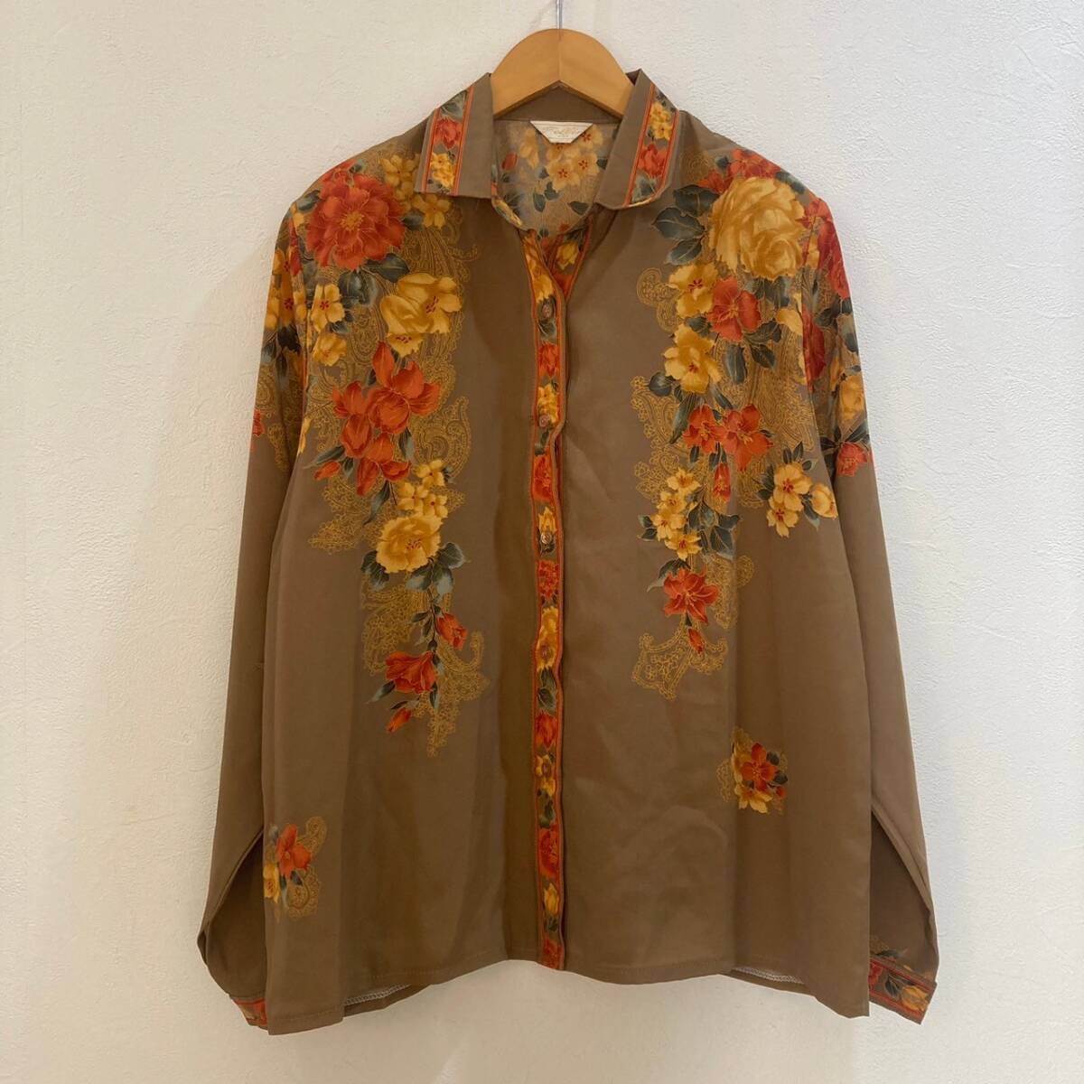 長袖ポリシャツ バラ柄 ブラウン 茶 レディース F拍卖