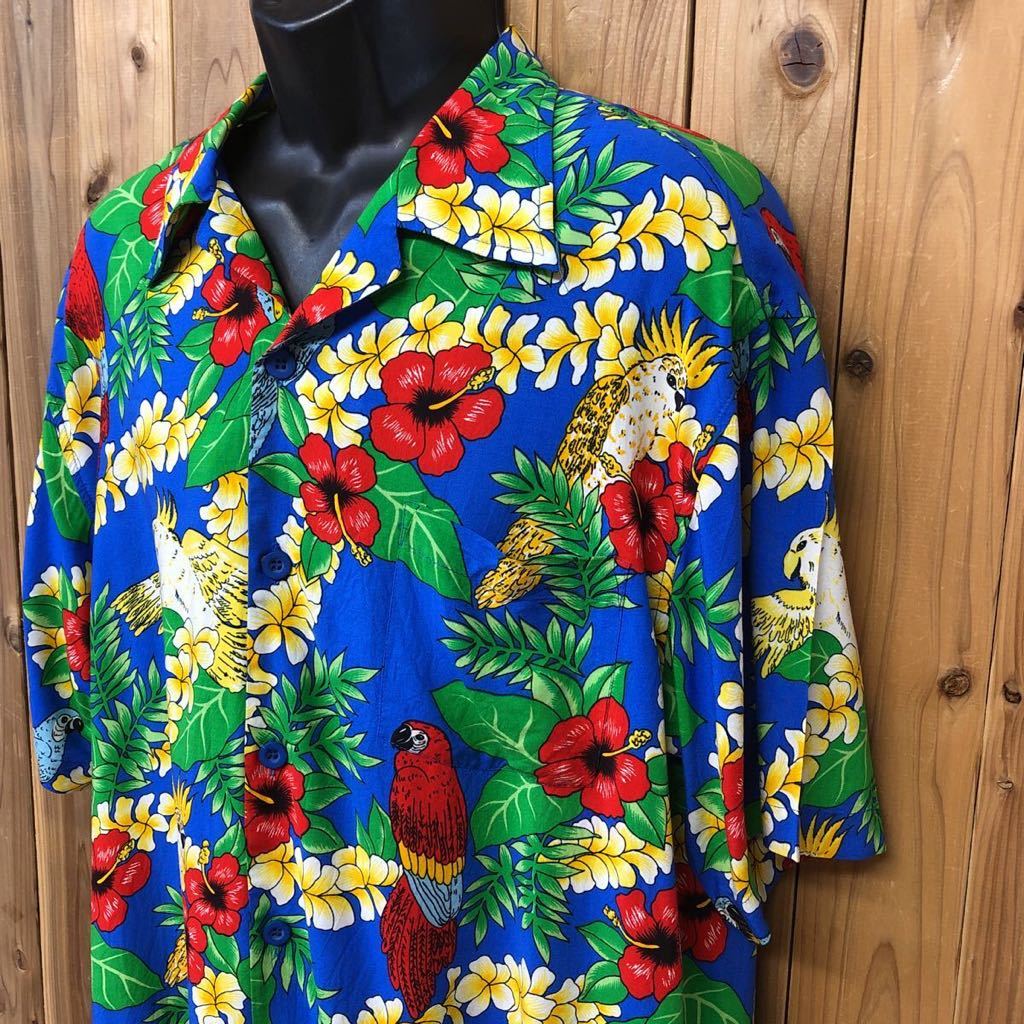 【Tropics Express】メンズ L/アロハシャツ 半袖シャツ ハイビスカス オウム ハワイアンシャツ リゾート 胸ポケ 清涼 USA古着 インスタ映え拍卖