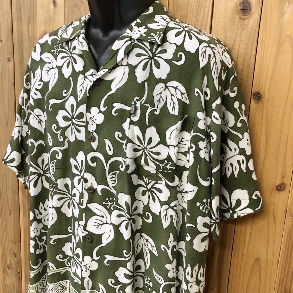 【Pineapple Connection】メンズ size M 半袖シャツ アロハシャツ ハワイアンシャツ 総柄 グリーン系 胸ポケ レーヨン素材 花柄 USA古着拍卖