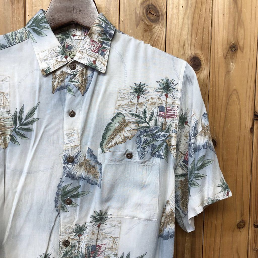 【Batik Bay】メンズシャツ size M/半袖シャツ アロハシャツ ハワイアンシャツ 柄シャツ アメリカン 星条旗 総柄 レーヨン 涼感 USA古着拍卖