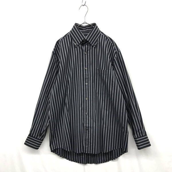 JZ0408★Aquascutum : ストライプ柄 長袖ボタンダウンシャツ★M★ブラック系 コットン 日本製 アクアスキュータム拍卖