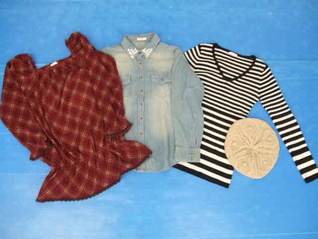 【お買得】★C・O・L・Z・A/コルザ ほか★レディース4点セット ①オフショルダーカットソー②デニムシャツ③ニットソー④ニット帽拍卖