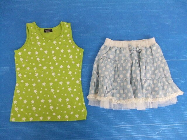 【お買得!】★女の子向け夏の上下セット★①RICH MIX/タンクトップ/星柄/緑系 ②西松屋/ミニスカート/水玉模様/水色系 140サイズ拍卖