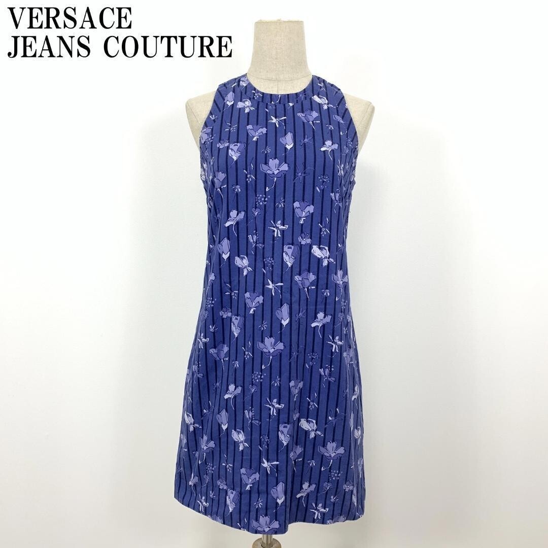LA5948 ヴェルサーチジーンズクチュール ノースリーブワンピース VERSACE JEANS COUTURE 花柄 ストライプブルー40拍卖