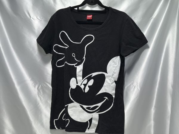 値下げDisneyディズニービッグロゴミッキーモノクロ Tシャツ レディース サイズL 半袖 ブラック レア拍卖