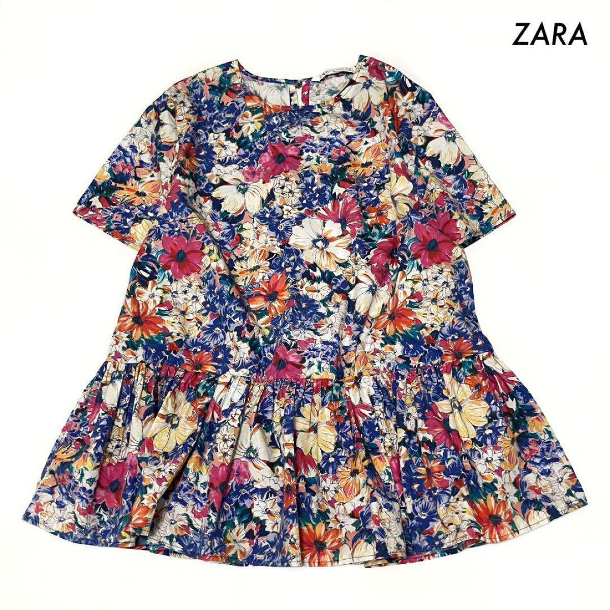 【送料無料】ZARA ザラ★花柄 半袖ブラウス 後ろリボン フリル裾 Mサイズ拍卖