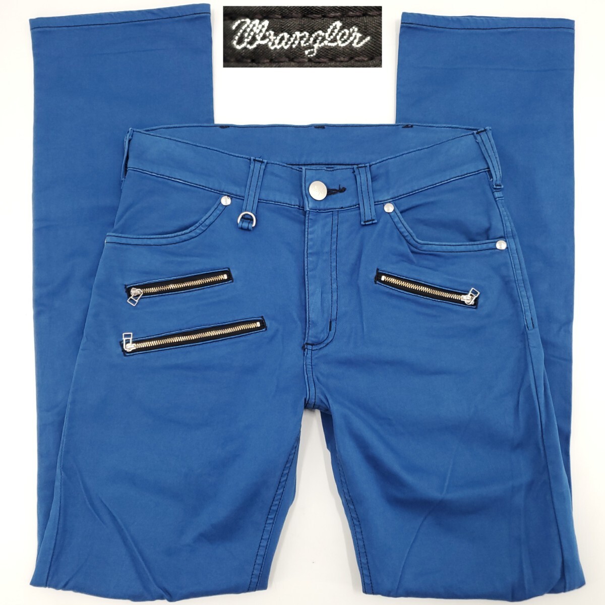 鮮やかブルー◆Wrangler◆W30パンクロックボンテージ風パンツ青ラングラーストレッチ立体裁断ジップ加工フラップポケットワークパンツ 1092拍卖