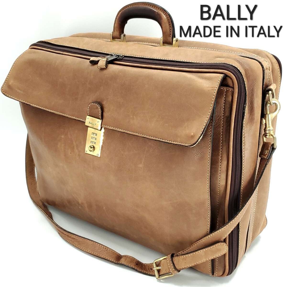 大容量イタリア製◆BALLY◆2wayレザートランク茶メンズ本革バリー本皮ショルダー鍵付きビジネスバッグガーメントケース旅行トラベル鞄 1101拍卖