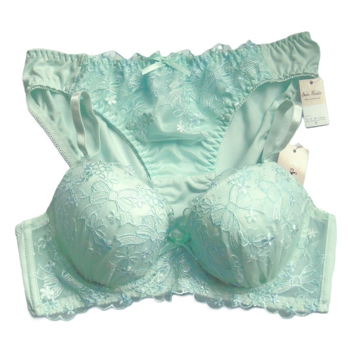 Sun Rode パステルリボンフラワー ブラジャー&ショーツセット B75/M サンロード 愛らしくキラキラ輝くラメ刺繍 脇高設計 ブルー 新品送料込拍卖