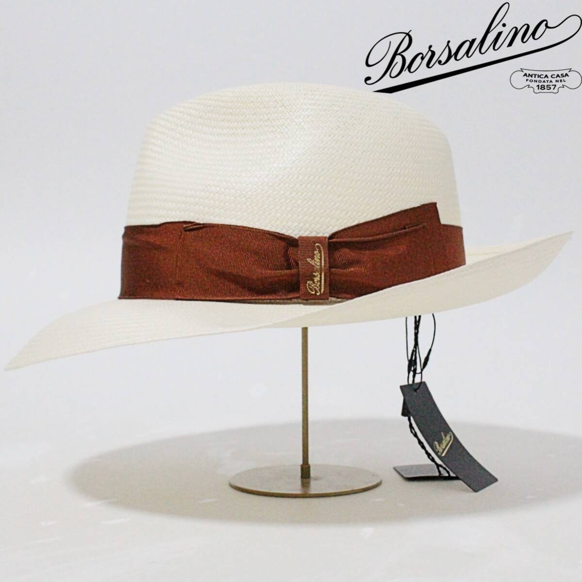 新品 ボルサリーノ イタリア製 ロングブリム パナマハット 高級麦わら 57サイズ 帯色茶 K5264拍卖