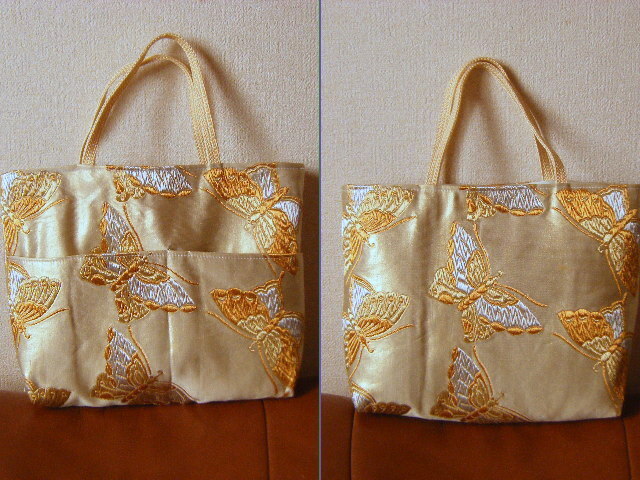 ゆうき【正絹・トートバッグ】帯リメイク・サブバッグ・結婚式・お茶会・外ポケット付き・蝶拍卖