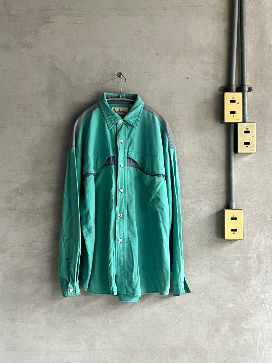 90s 90年代 GRAHAM HILL ビンテージ ウエスタン ネルシャツ コットン デザイン アート フランネル 古着 綿 ターコイズ 2トーン 切り替え拍卖