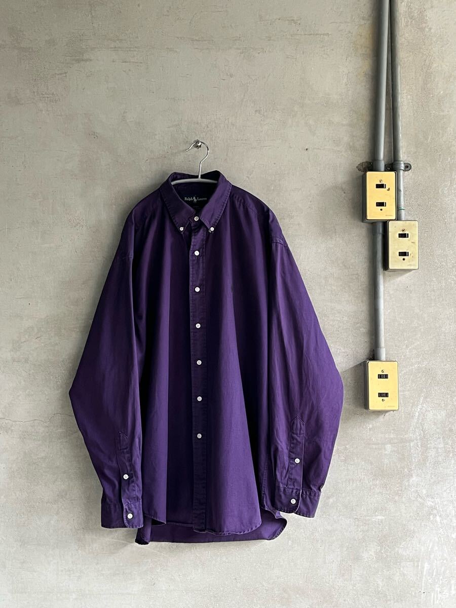 90s 90年代 ビンテージ Ralph Lauren ラルフローレン 長袖シャツ ボタンダウン BD ワンポイント 無地 パープル 紫 ビッグサイズ XL 古着拍卖