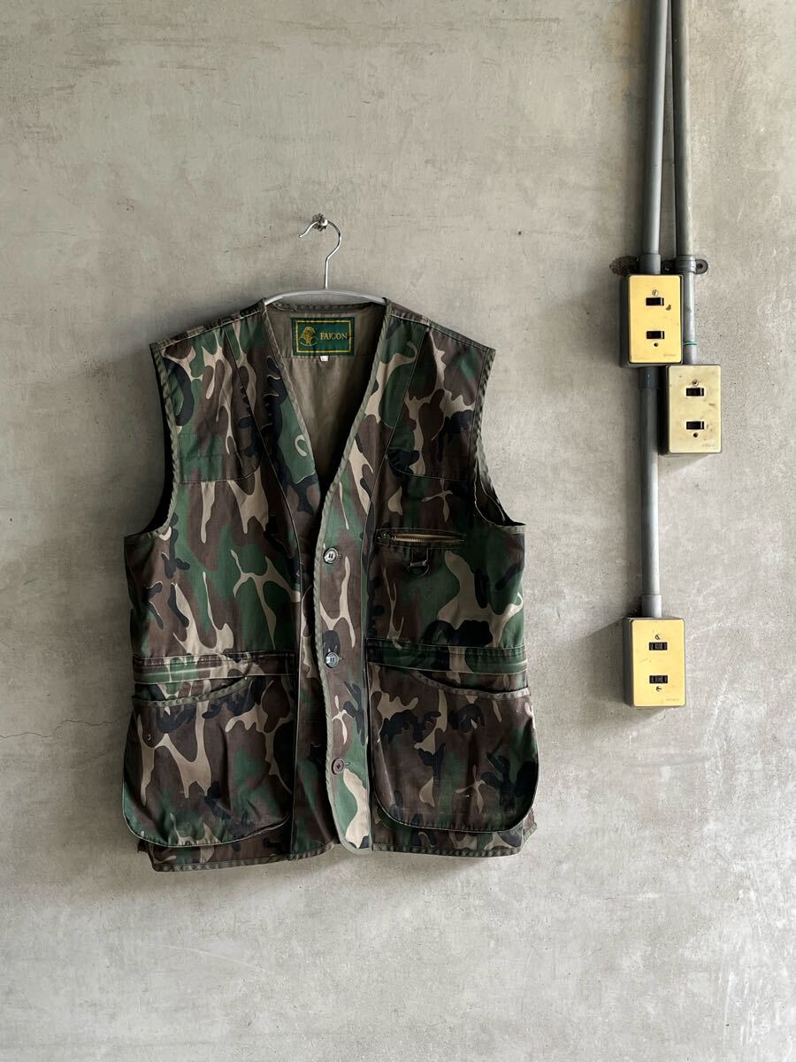 80s 80年代 FAICON ビンテージ ハンティング 迷彩 ウッドランドカモ カモフラージュ ベスト マルチポケット アウトドア古着 XL USA 片爪拍卖