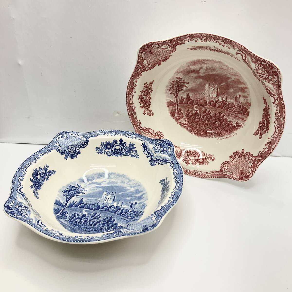 志)JOHNSON BROTHERS/ジョンソンブラザーズ オールドブリテン キャッスルズ スープ プレート 深皿 2枚 赤 青 英国製 廃盤 希少(I)0620S拍卖